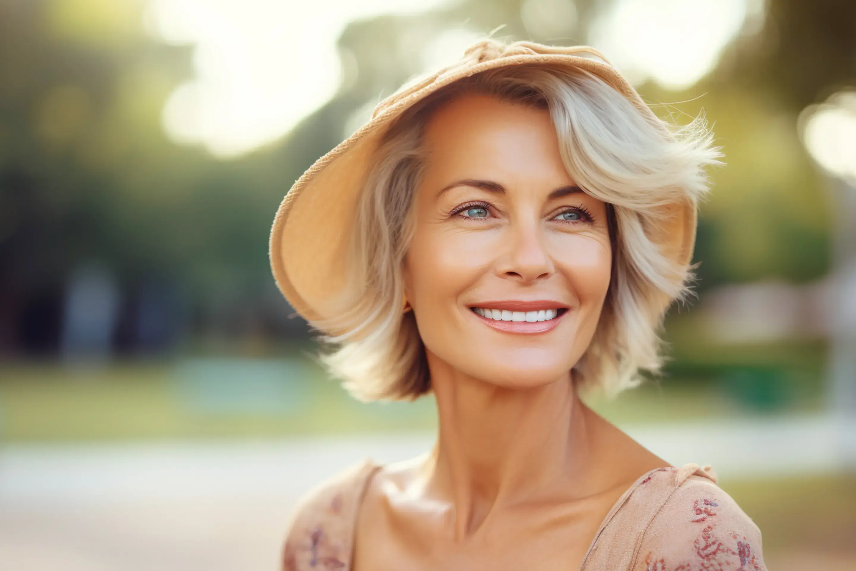 a woman with blonde hair wearing a tan hat