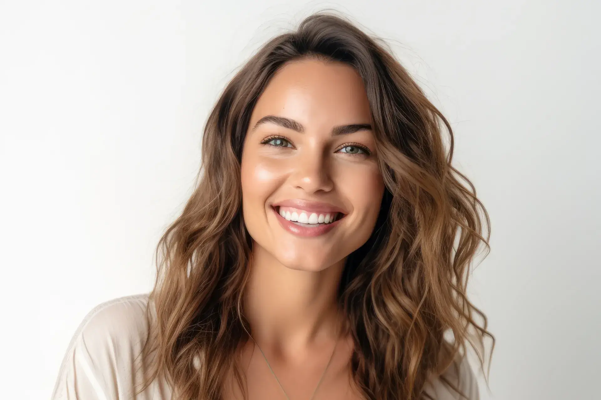 a woman with long hair smiling and wearing a white shirt