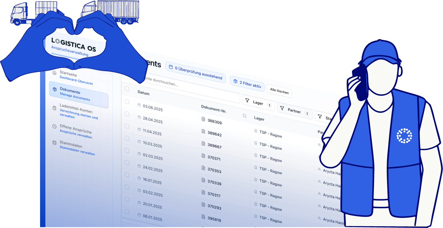 Illustration showing hands forming a heart around a logistics software interface and a delivery worker talking on a phone, with a truck silhouette above.