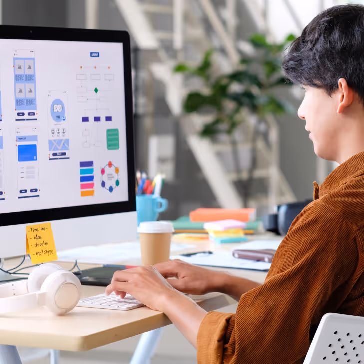 Person working on UX design wireframes displayed on a desktop computer in a bright office.