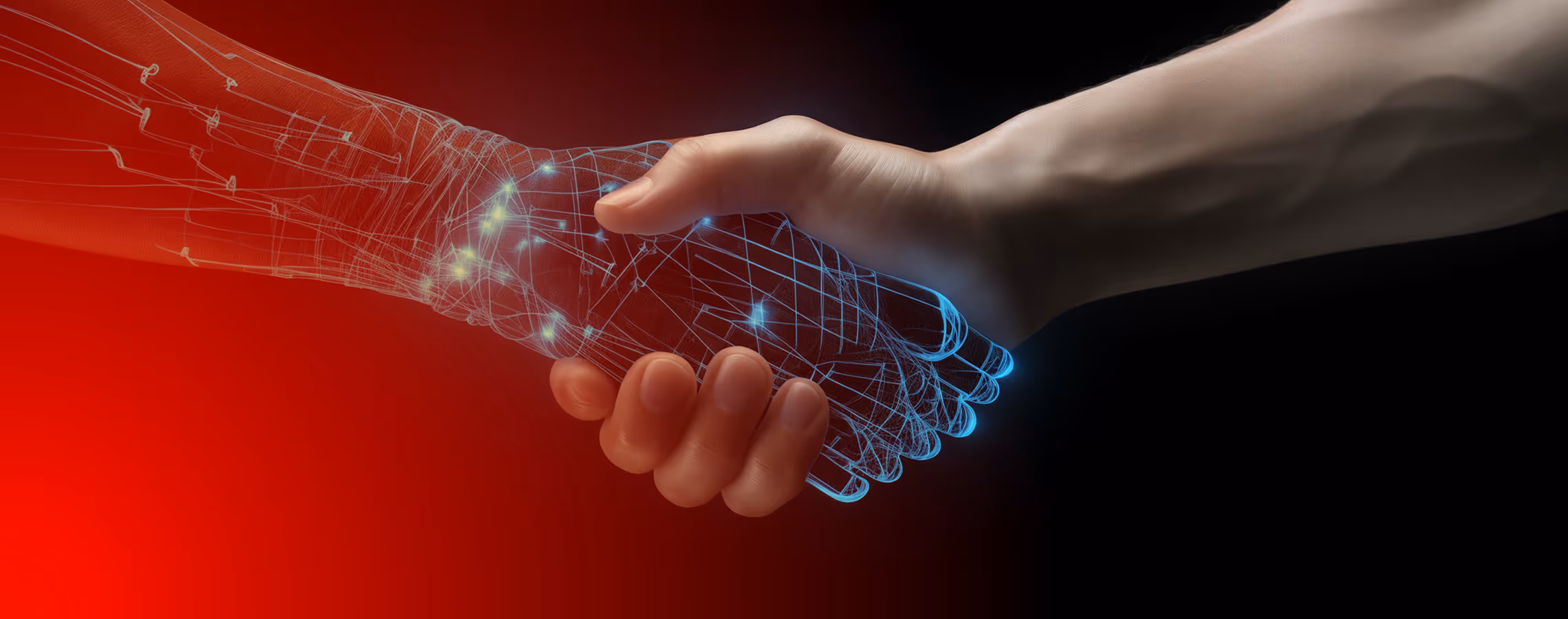 Human hand shaking a glowing digital wireframe hand against a red and black background.