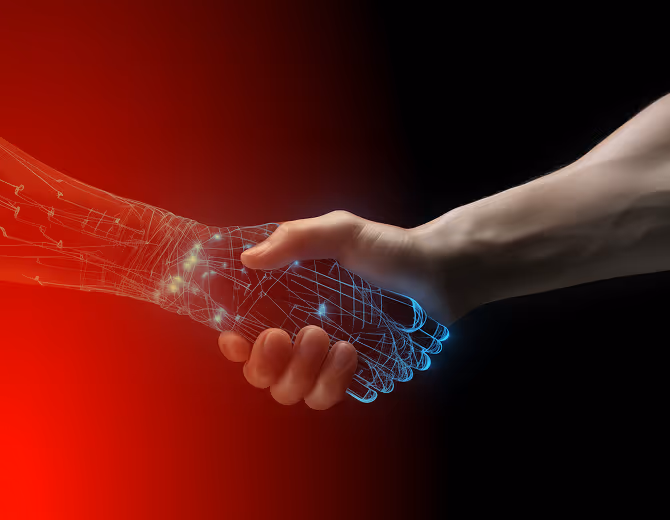 Human hand shaking a digitally rendered transparent robotic hand with glowing circuit lines against a black and red gradient background.
