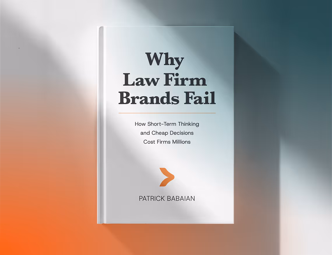 Book titled 'Why Law Firm Brands Fail' by Patrick Babaian with subtitle on short-term thinking costs.