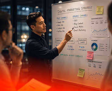 Man pointing to marketing strategy on whiteboard with ads, SEO, social media, and performance charts.