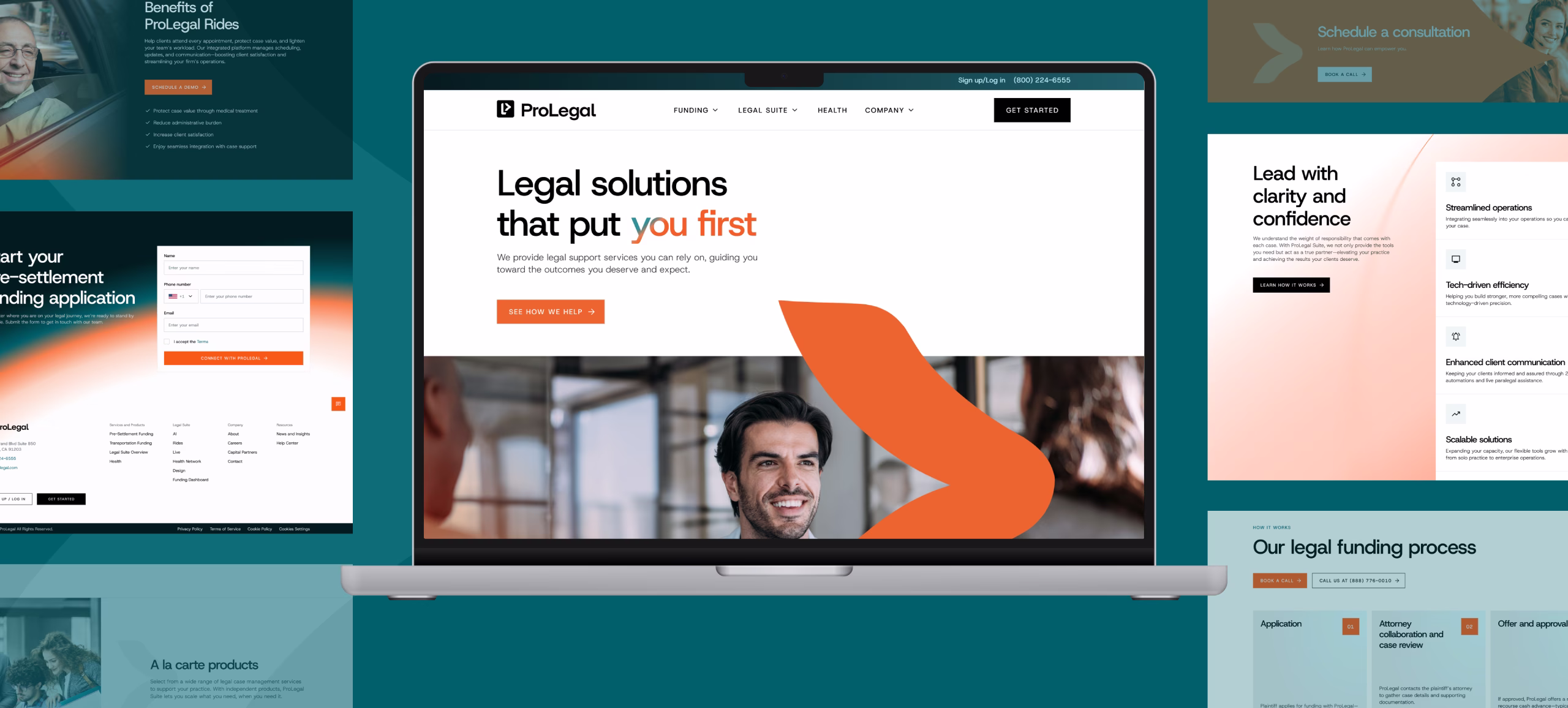 Laptop screen showing ProLegal website homepage with tagline Legal solutions that put you first.