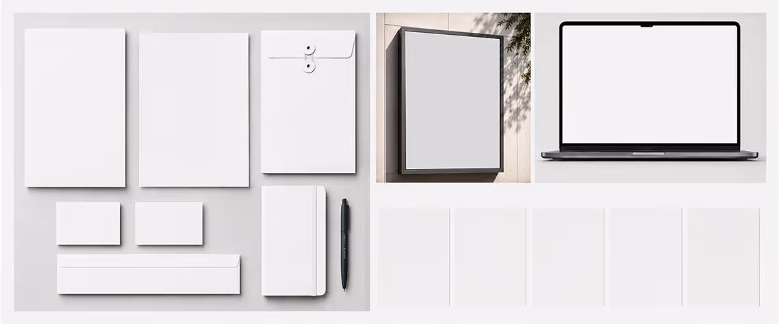 Blank stationery set including papers, envelopes, cards, notebook, pen, laptop, and outdoor display board.