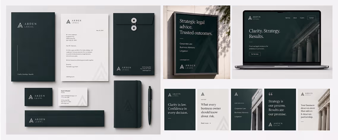 Arden Legal brand materials including letterhead, business cards, envelopes, notebook, signage, and website on laptop.