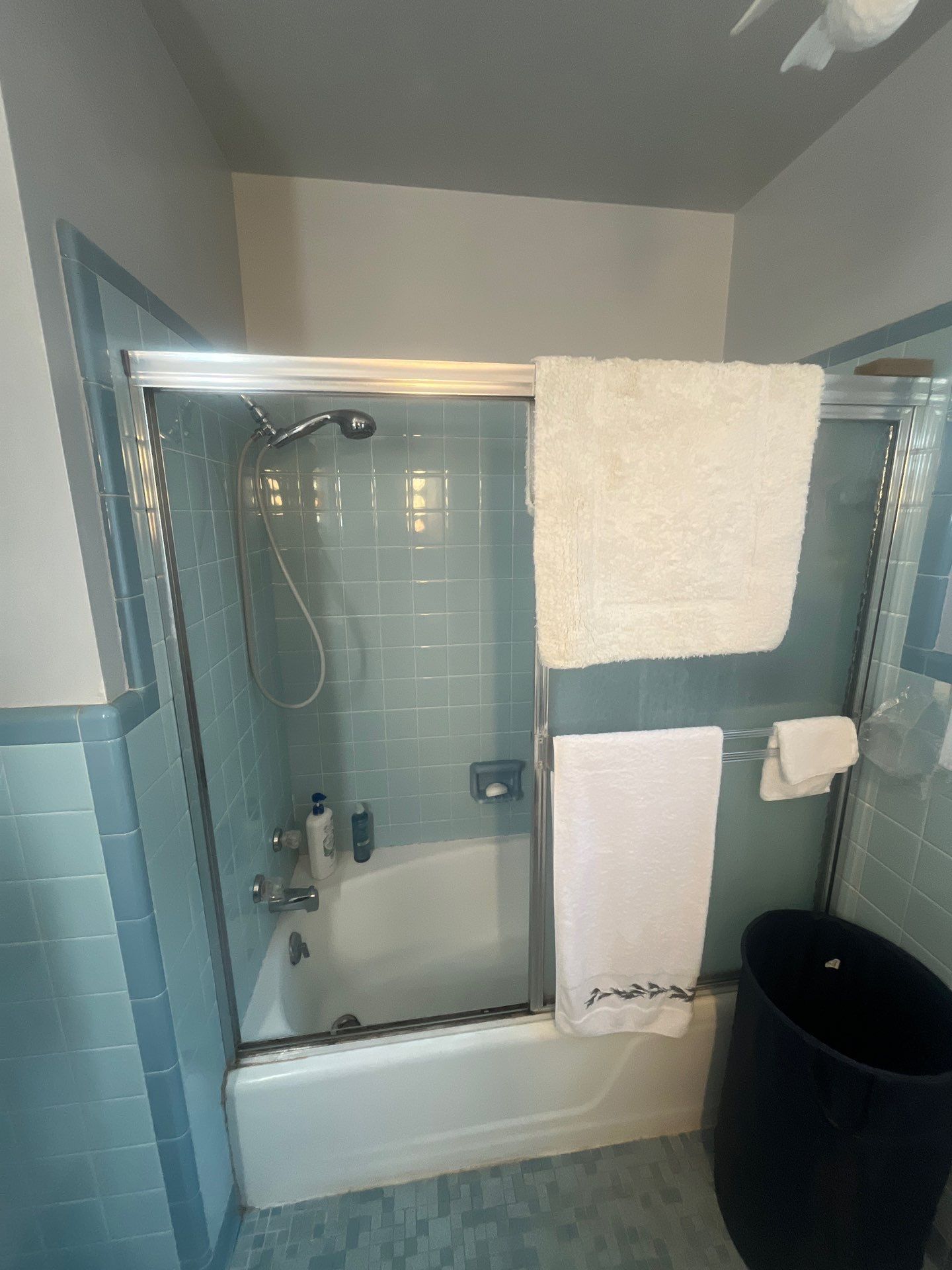 Before: blue tile tub and shower