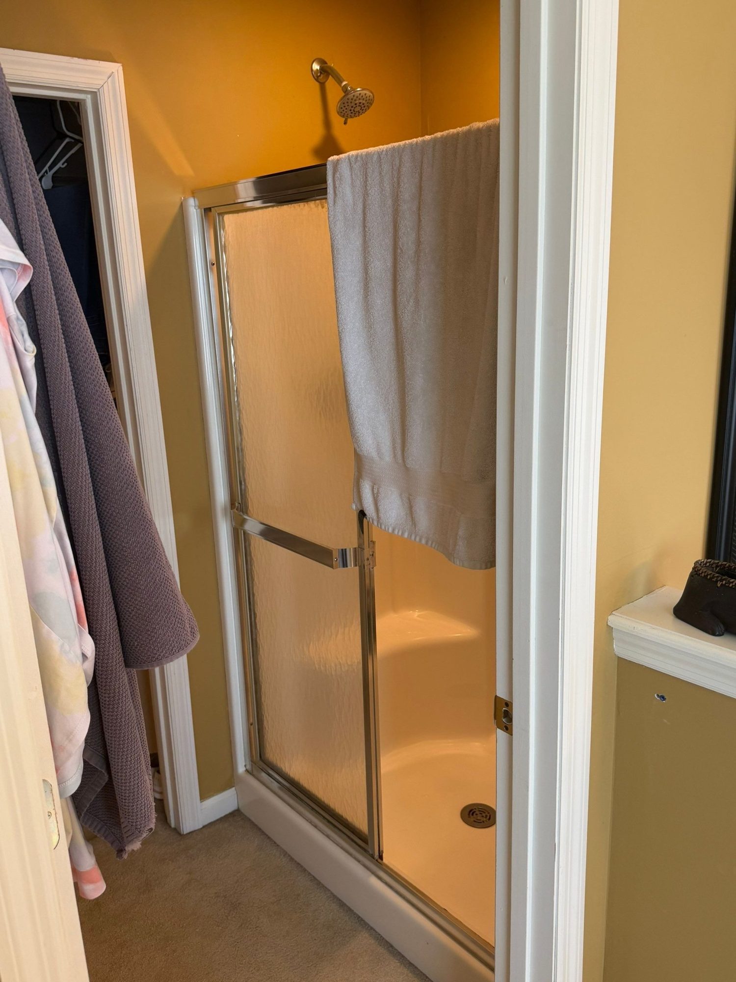 Old fiberglass shower with a framed frosted-glass door before replacement in Cookeville, TN