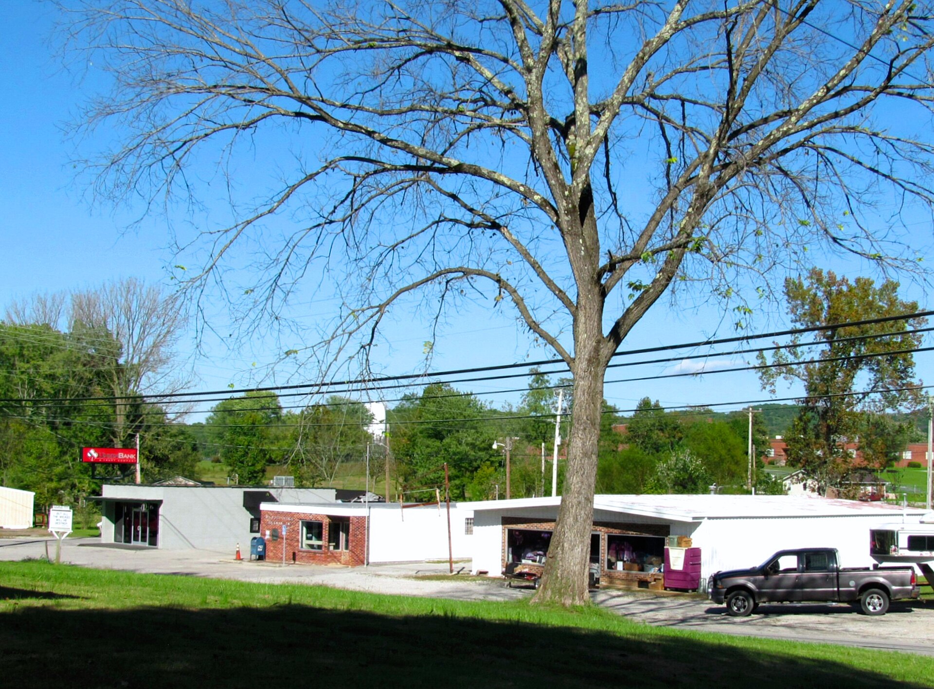 Small-town buildings along the road in Rickman, Tennessee