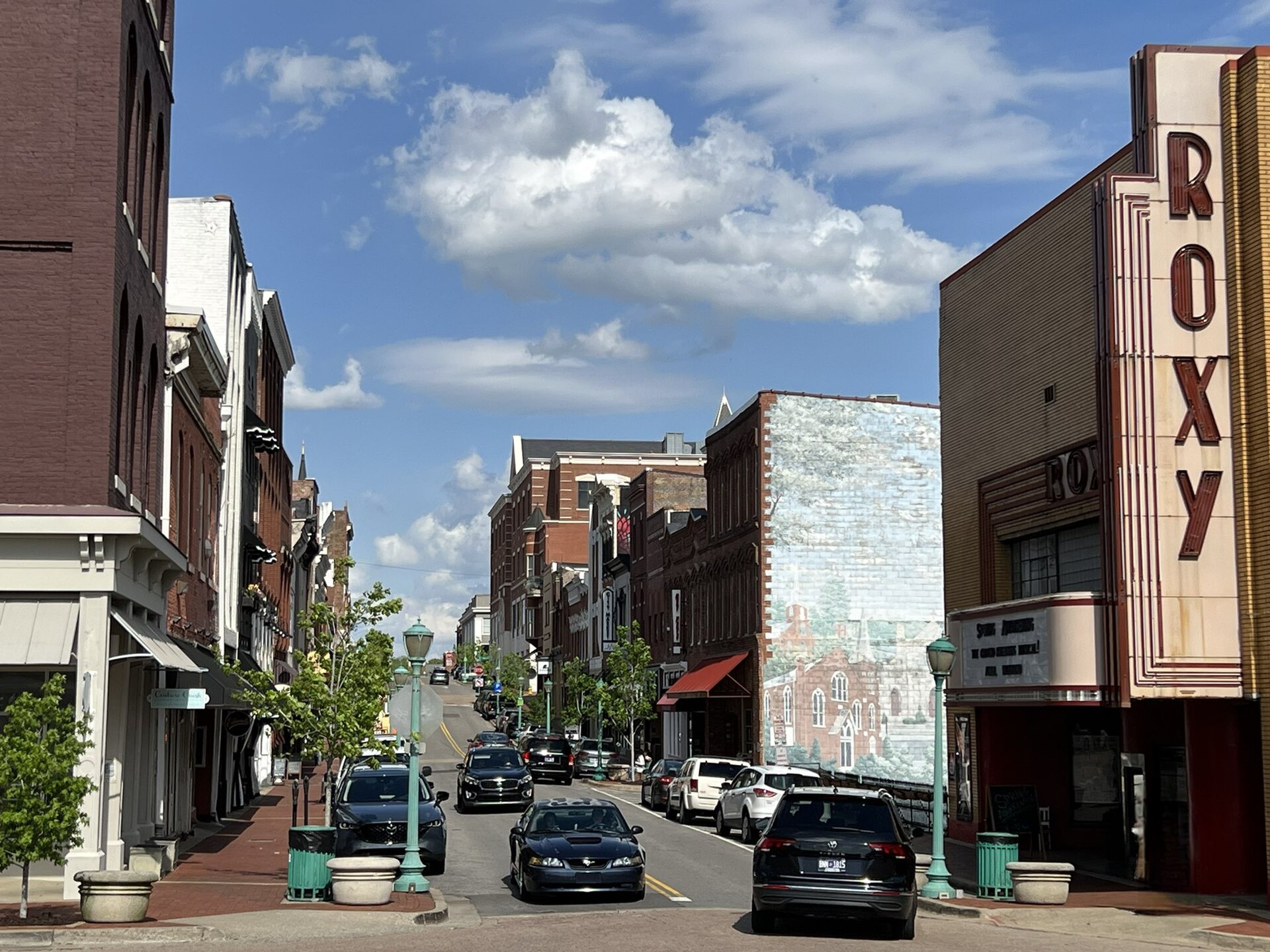 Historic storefronts and the Roxy theatre sign in downtown Clarksville, Tennessee