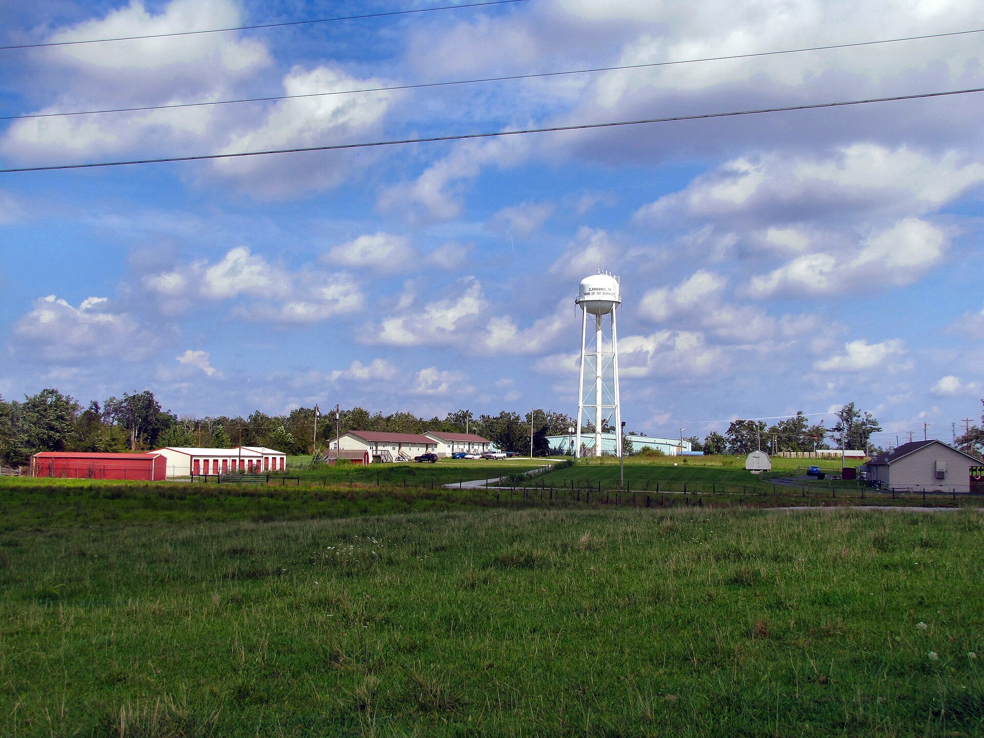Clarkrange water tower and open fields on the Cumberland Plateau, Tennessee