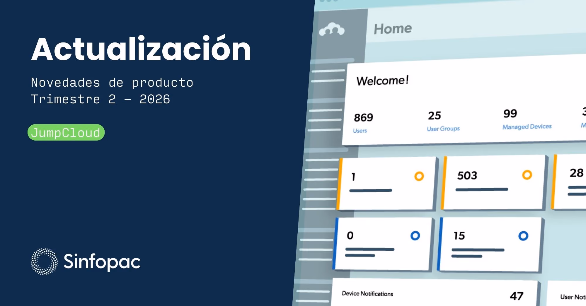 Imagen conceptual sobre la actualización del roadmap de productos de JumpCloud, mostrando el logo de JumpCloud y Sinfopac a la izquierda y una ilustración estilizada del panel de control de la plataforma a la derecha.