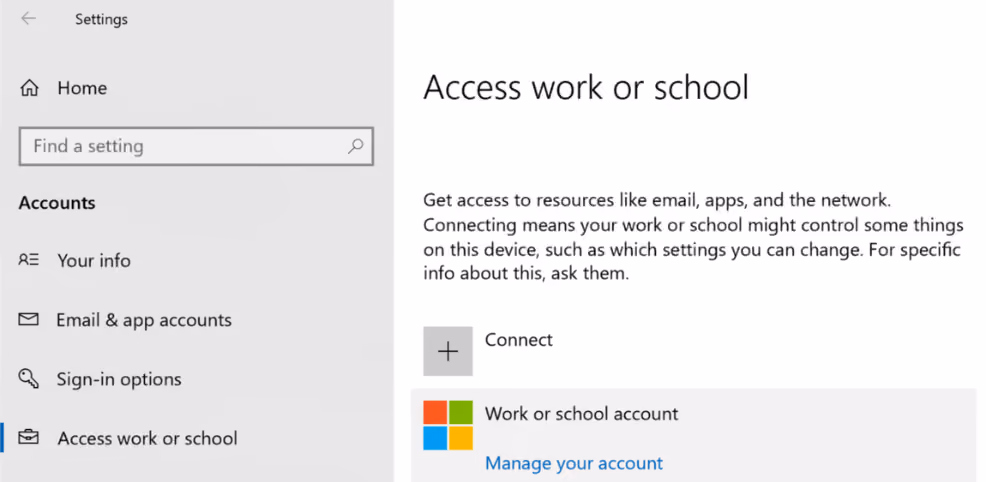 Pantalla de configuración de Windows para conectar cuentas de trabajo o escuela en dispositivos MDM.