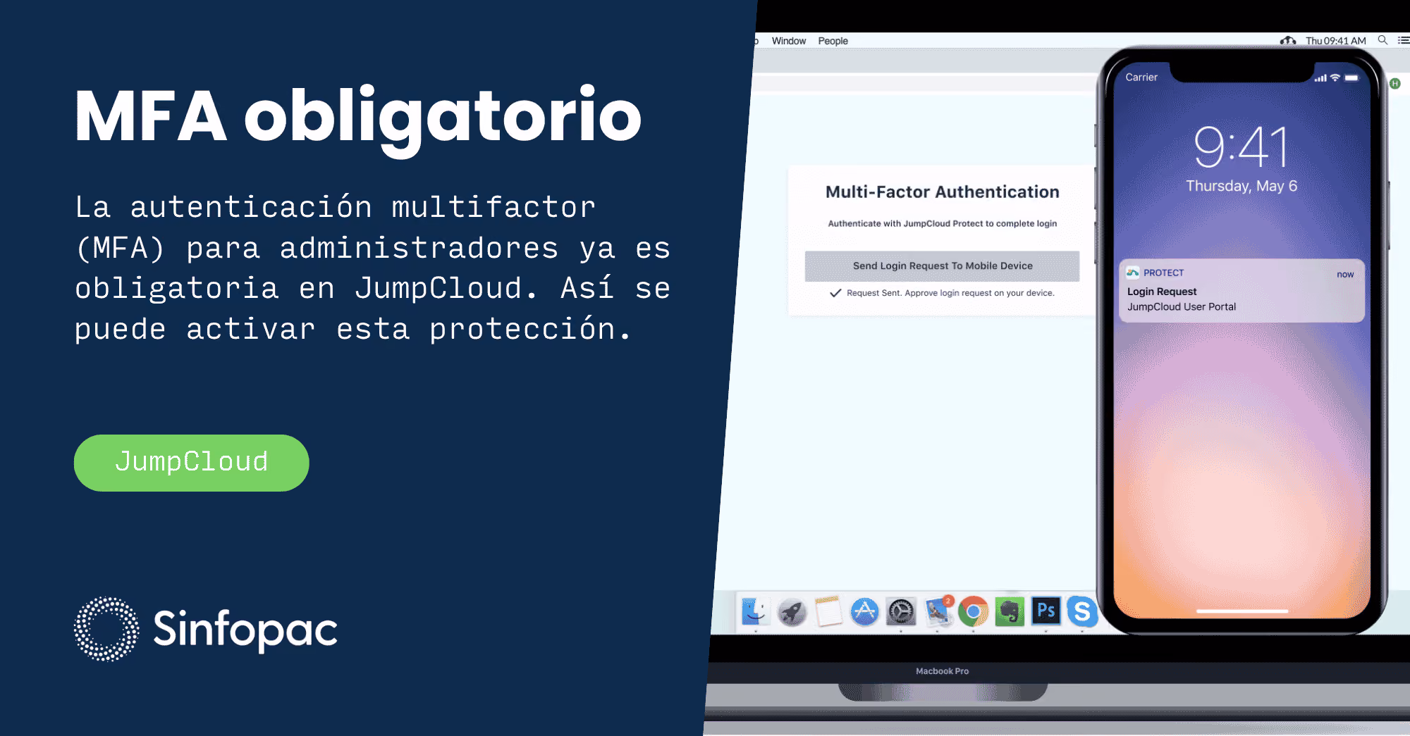 Interfaz de autenticación multifactor (MFA) de JumpCloud en una computadora y un teléfono móvil.