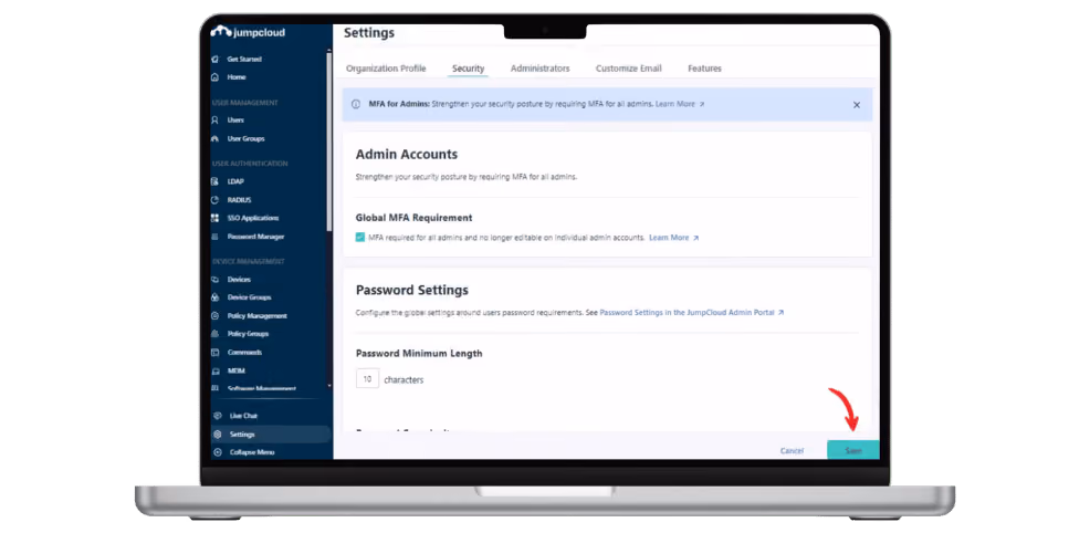 Confirmación y guardado de los cambios de seguridad de MFA en el portal de JumpCloud.
