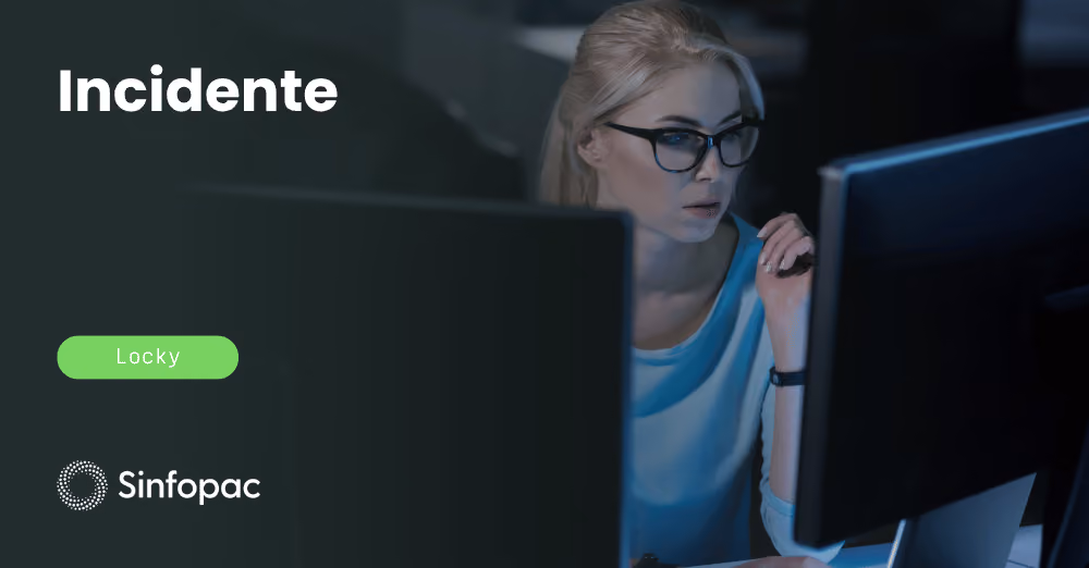 Imagen sobre un incidente de ciberseguridad del ransomware Locky con una profesional frente al monitor y la marca Sinfopac.