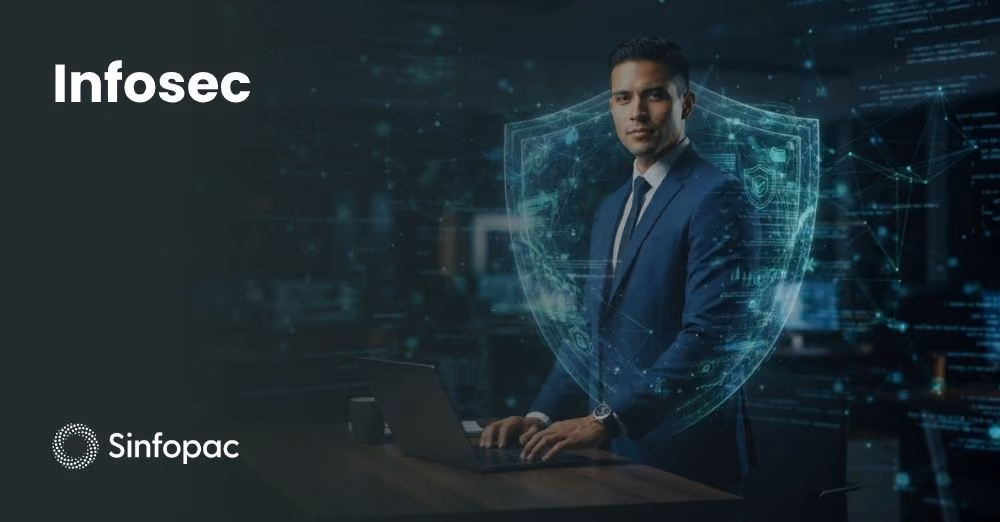 Profesional de oficina protegido por un escudo holográfico para representar el firewall humano