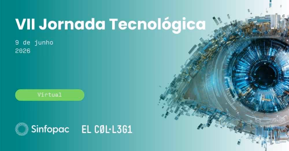 Imagem promocional da VII Jornada Tecnológica virtual com olho tecnológico estilizado e marcas da Sinfopac e El Col·legi.