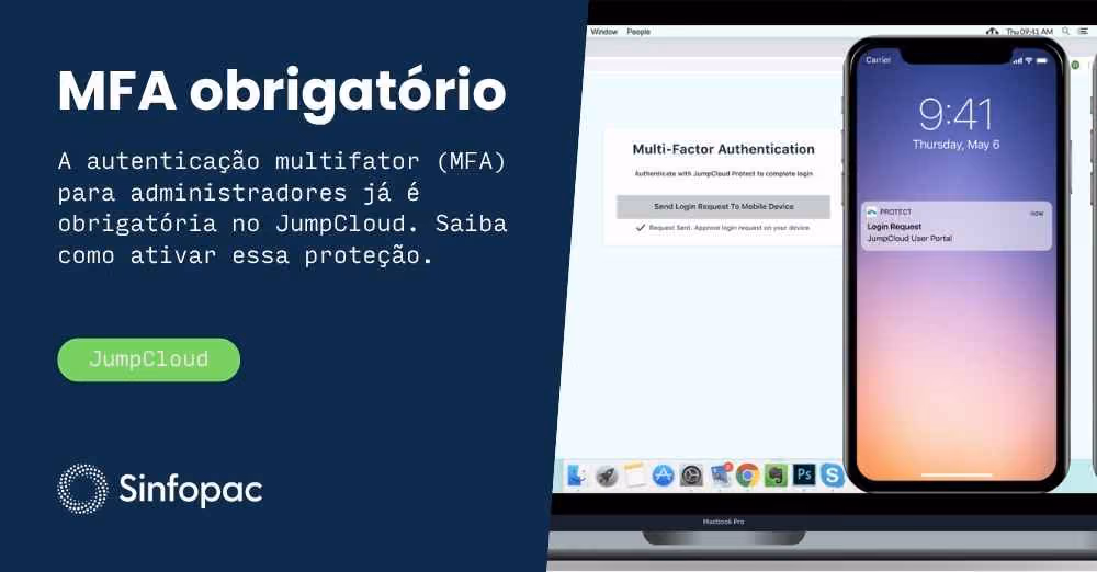 Interface de autenticação multifator (MFA) do JumpCloud em um computador e em um celular.