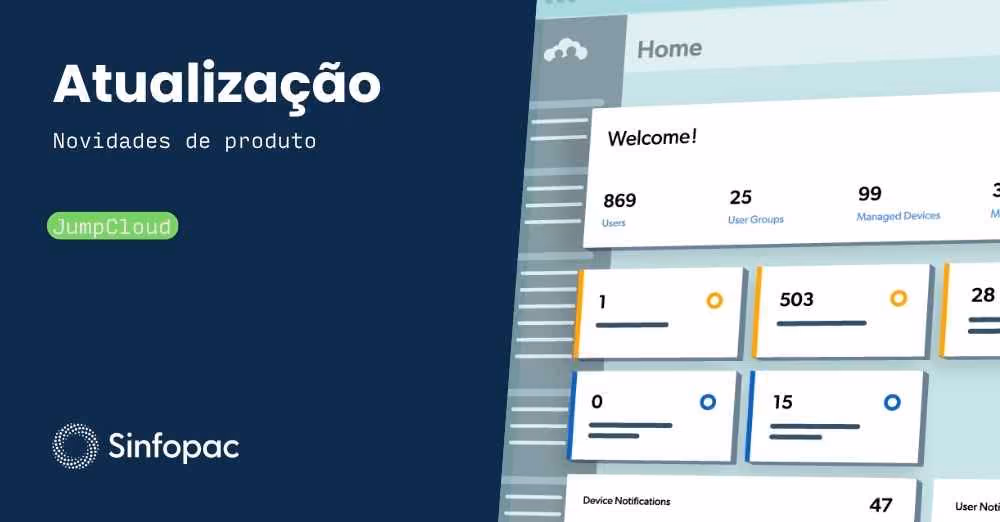 Dashboard da plataforma JumpCloud com indicadores de gestão de TI e destaque para novidades de produto da Sinfopac.
