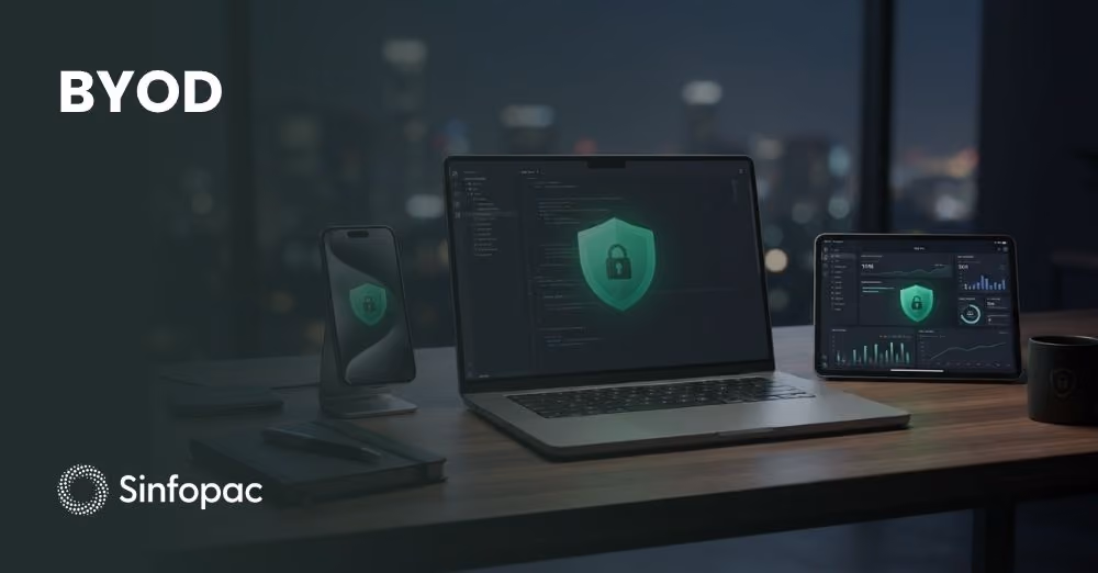Varios dispositivos móviles y portátiles sobre un escritorio para el control de seguridad BYOD