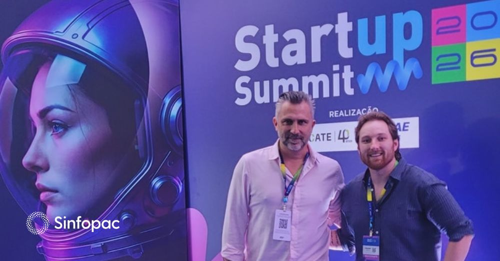 Gastón Rotondo de Sinfopac y Dylan Clark de Hubstaff durante Startup Summit 2026 en Florianópolis.