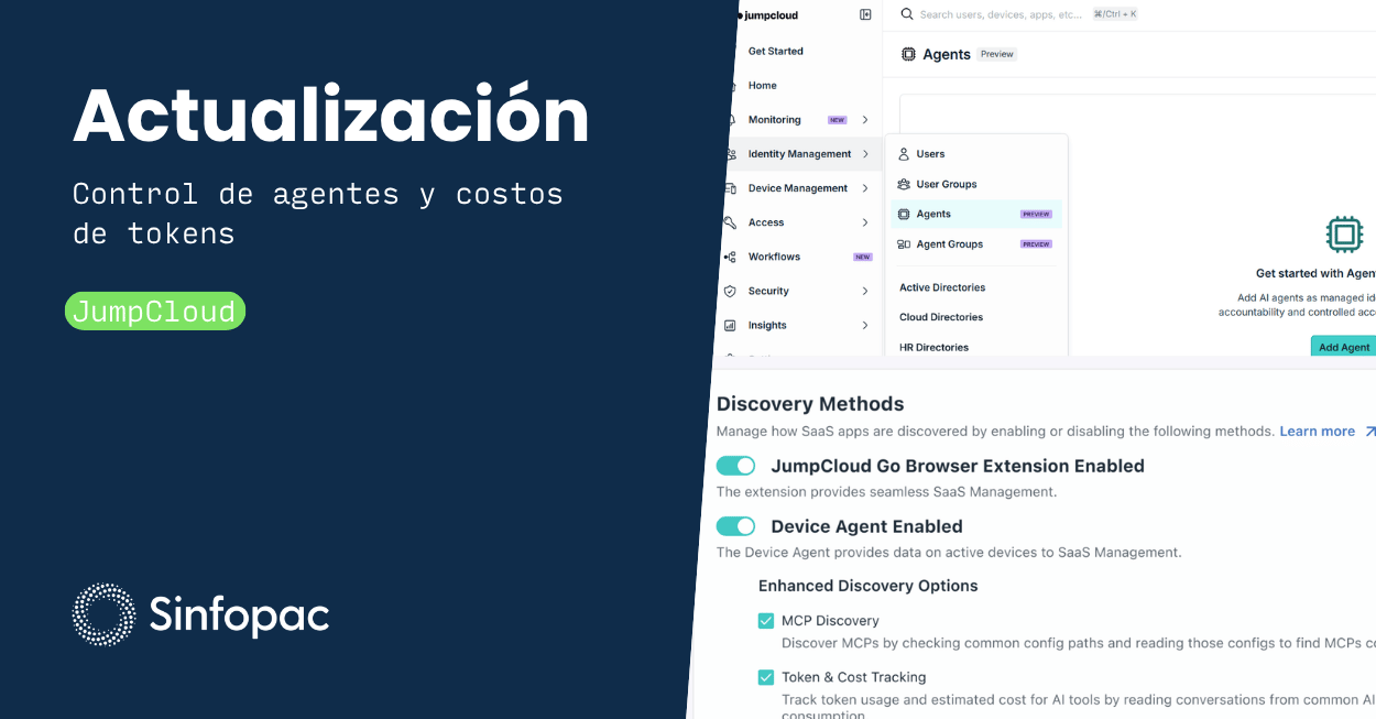 Interfaz de la consola de administración de JumpCloud mostrando el menú de gestión de agentes de inteligencia artificial y la configuración de métodos de descubrimiento para costos de tokens, bajo el diseño corporativo de Sinfopac.