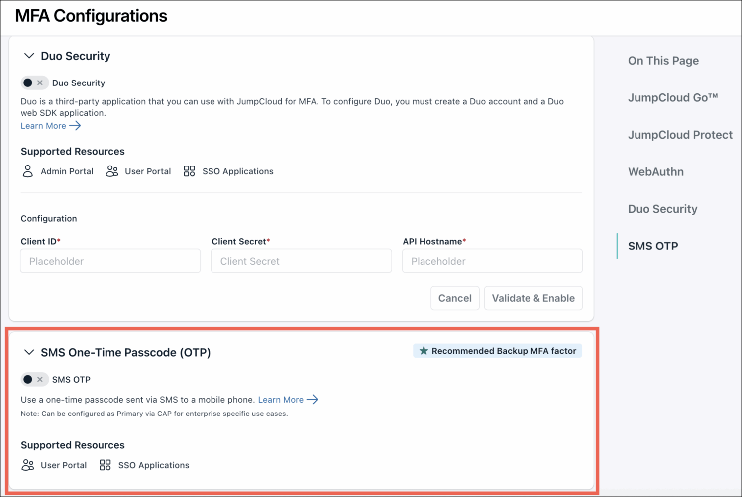Tela de configuração no Admin Portal para habilitar SMS como método de autenticação secundário vinculado a credenciais do Twilio Verify.