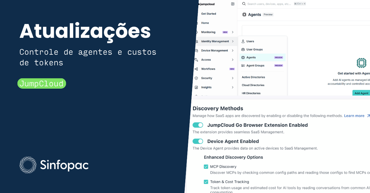 Interface do console de administração do JumpCloud exibindo o menu de gerenciamento de agentes de inteligência artificial e a configuração de métodos de descoberta para custos de tokens, sob o design corporativo da Sinfopac.