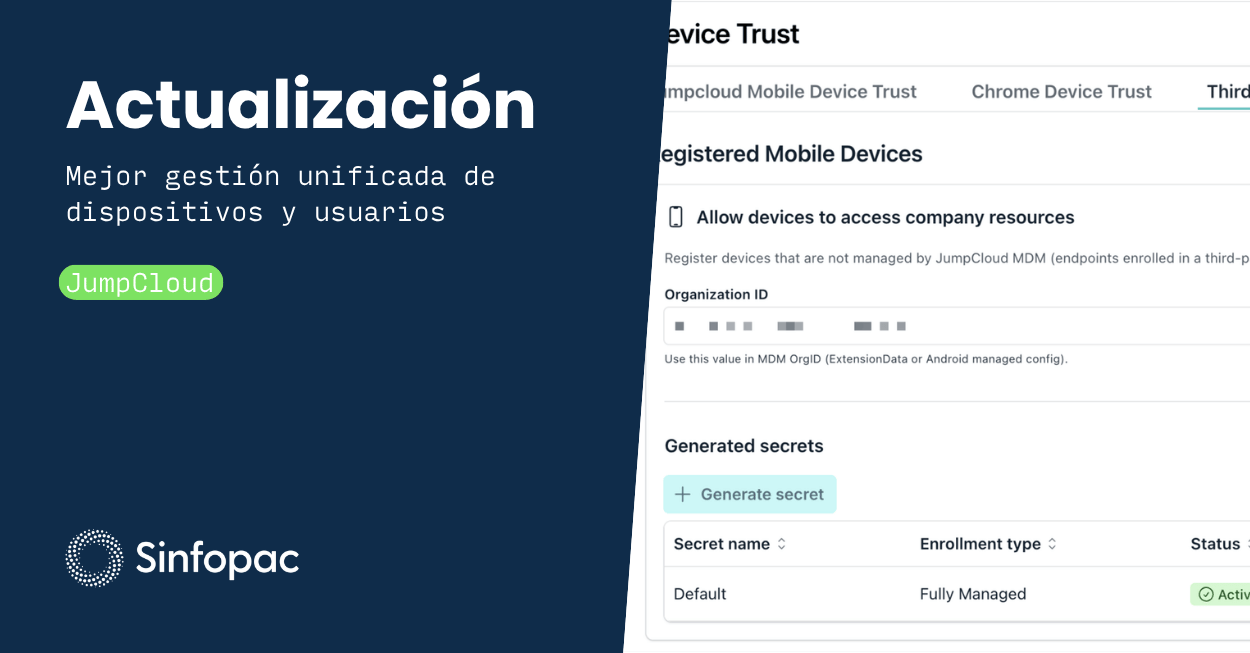 Interfaz de la consola de JumpCloud mostrando la configuración de Device Trust para dispositivos móviles de terceros y la gestión unificada de accesos y dispositivos corporativos