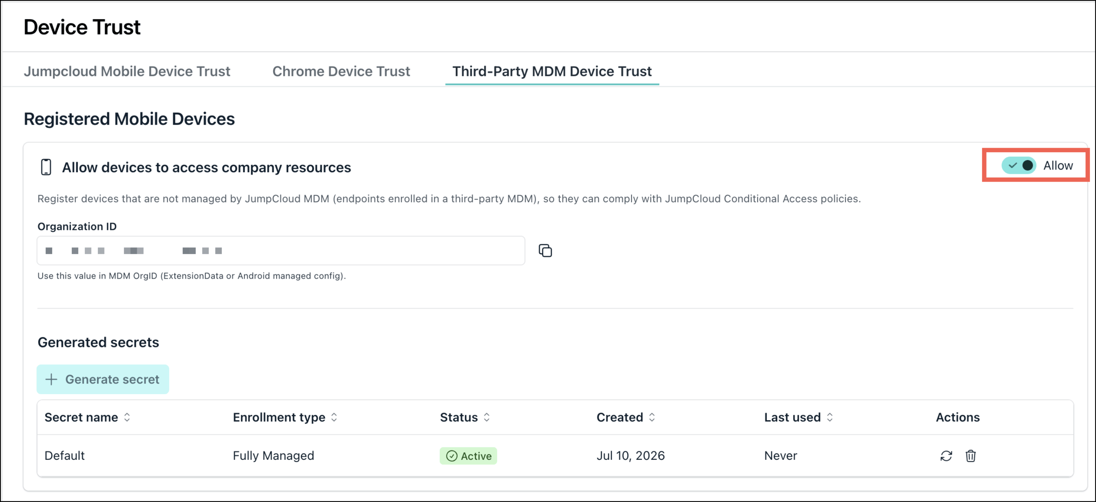 Panel de configuración de Device Trust habilitando la confianza para dispositivos móviles gestionados mediante MDM de terceros.