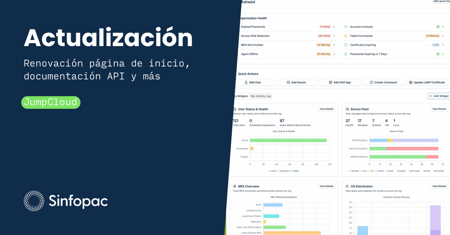 Interfaz del nuevo dashboard de administración de JumpCloud, visualizando métricas en tiempo real, alertas de salud de la organización y widgets de gestión de dispositivos para optimizar la operativa de TI corporativa.