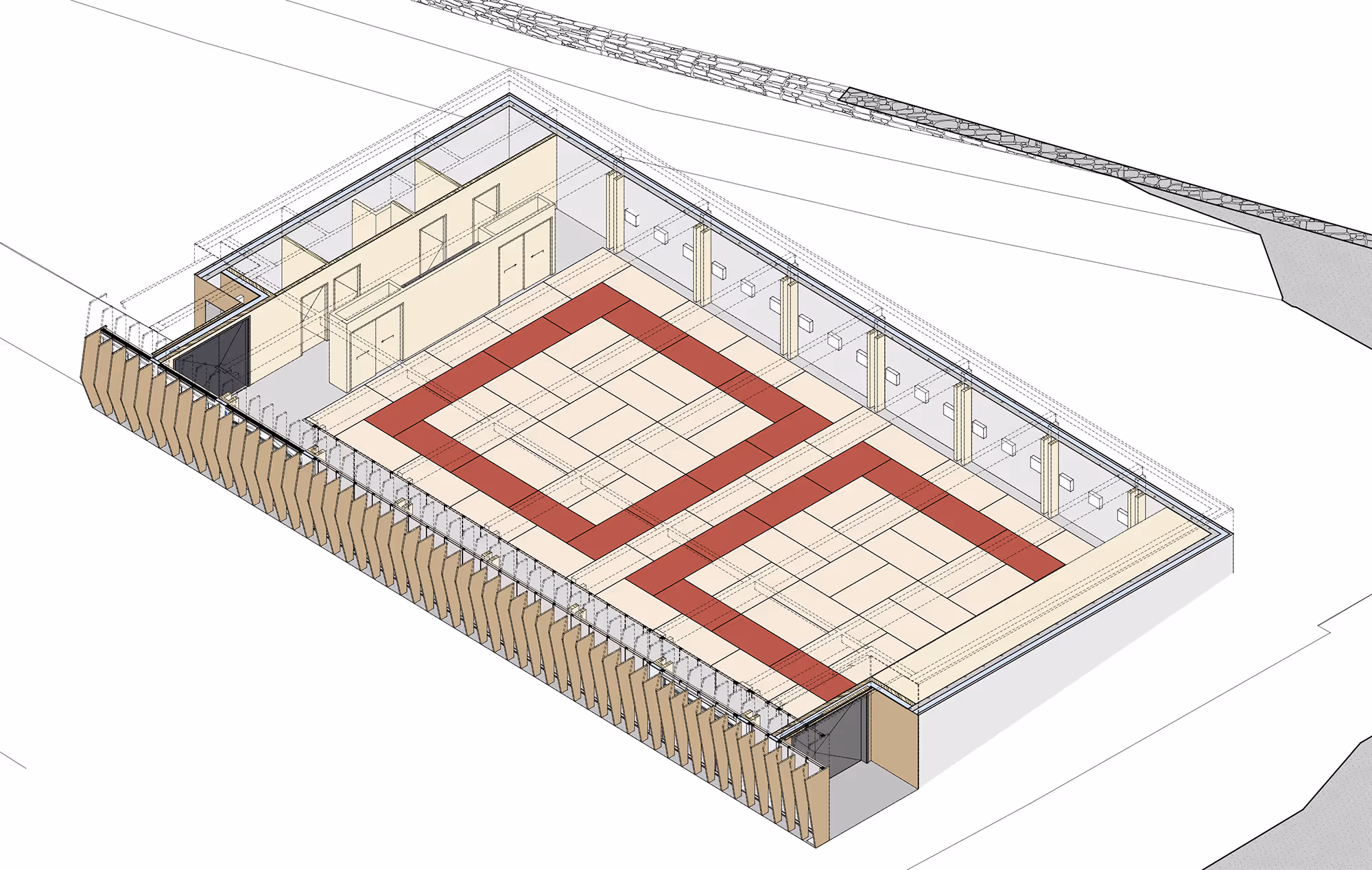 Axonométrie de l'intérieur du bâtiment en disposition dojo avec les tatamis au sol