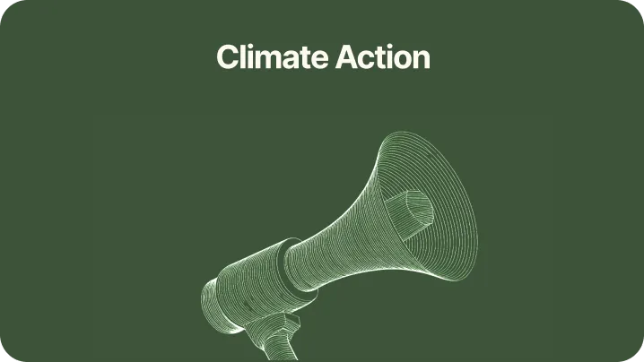 A green poster with a bullhorn and the words climate action.