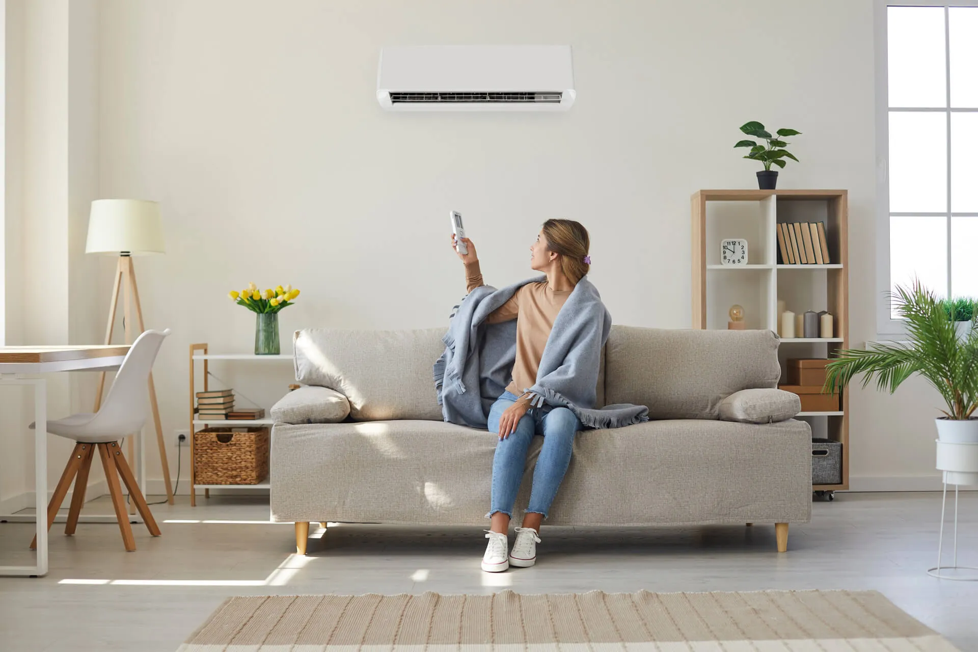 Homeowner on a sofa with a wall-mounted ductless unit