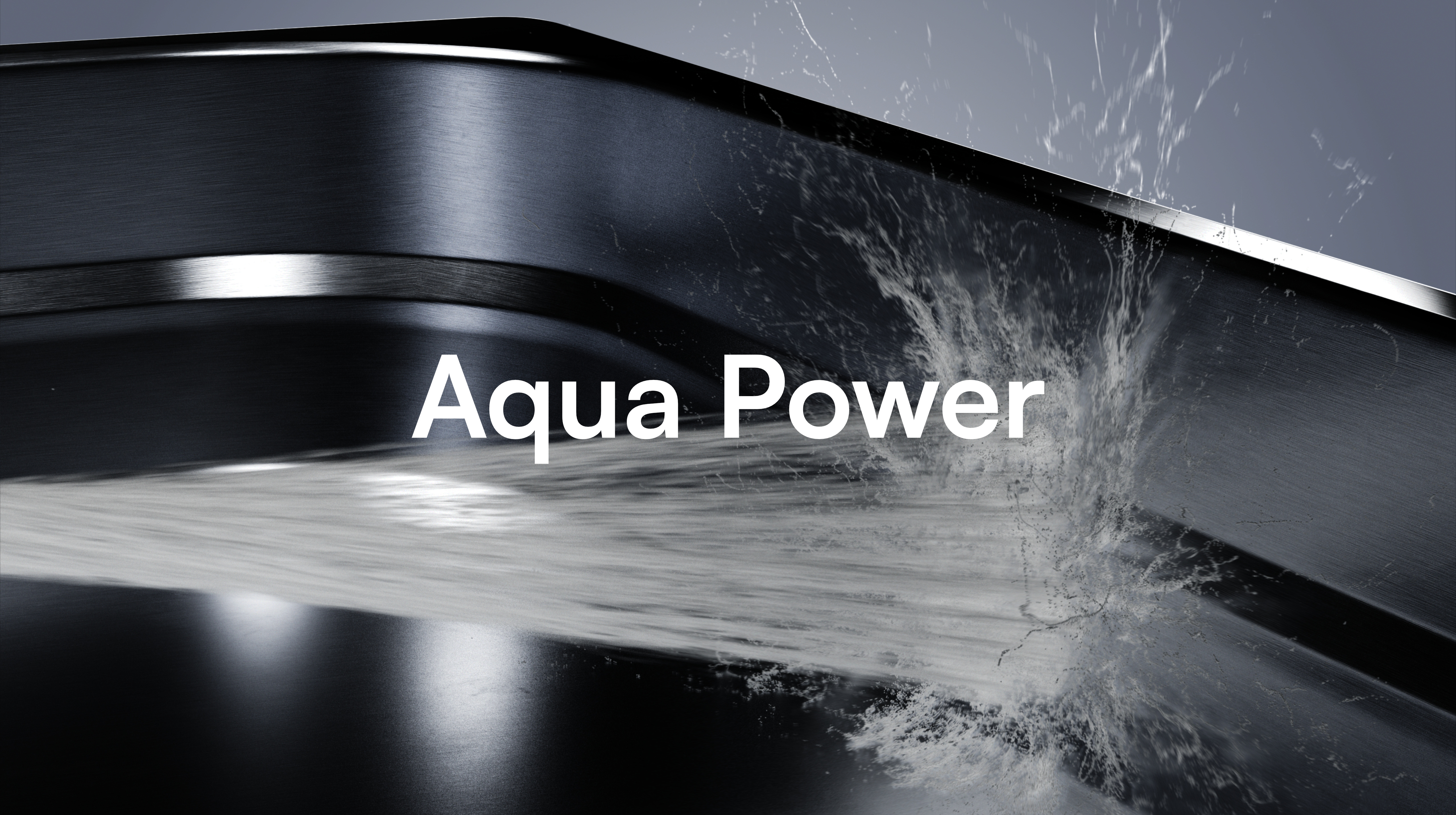 Stream of water splashing inside a sleek metallic container with the text 'Aqua Power' overlaid.