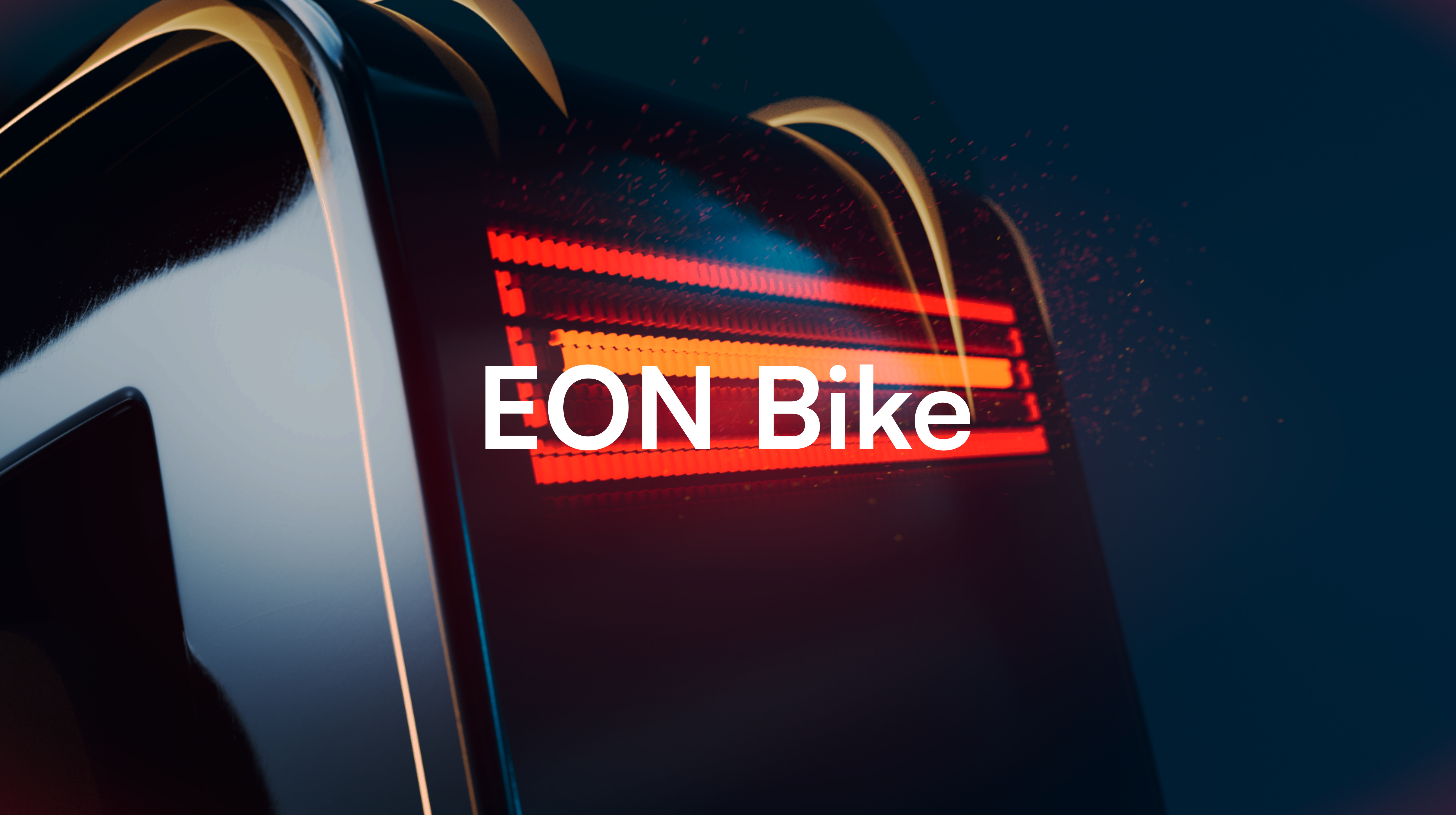 Close-up of a sleek black electric bike's rear with glowing red LED tail light and text 'EON Bike'.