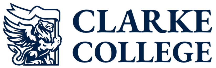 Clarke College logo featuring a stylized griffin next to the text 'CLARKE COLLEGE' in bold capital letters.