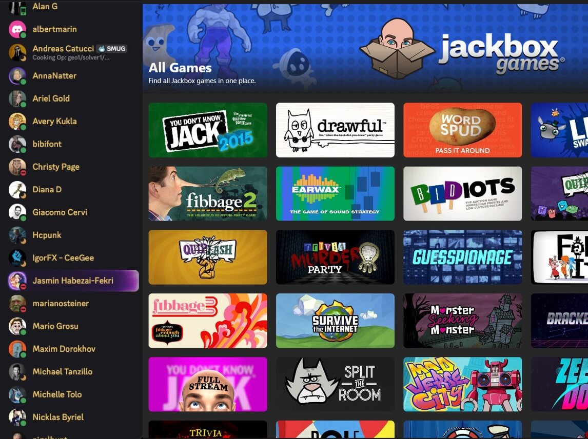 Jackbox Games menu screen showing a list of users on the left and various Jackbox party game titles on the right including Drawful, Earwax, Fibbage, and Quiplash.