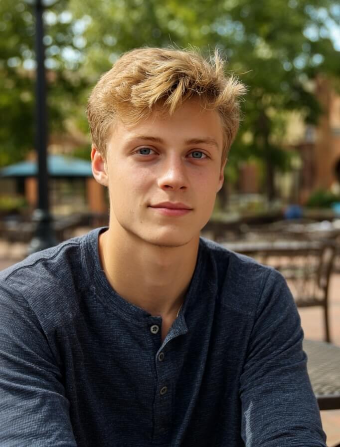 Young man with blonde hair and blue eyes wearing a dark blue henley shirt sitting outdoors with blurred trees and tables in the background.