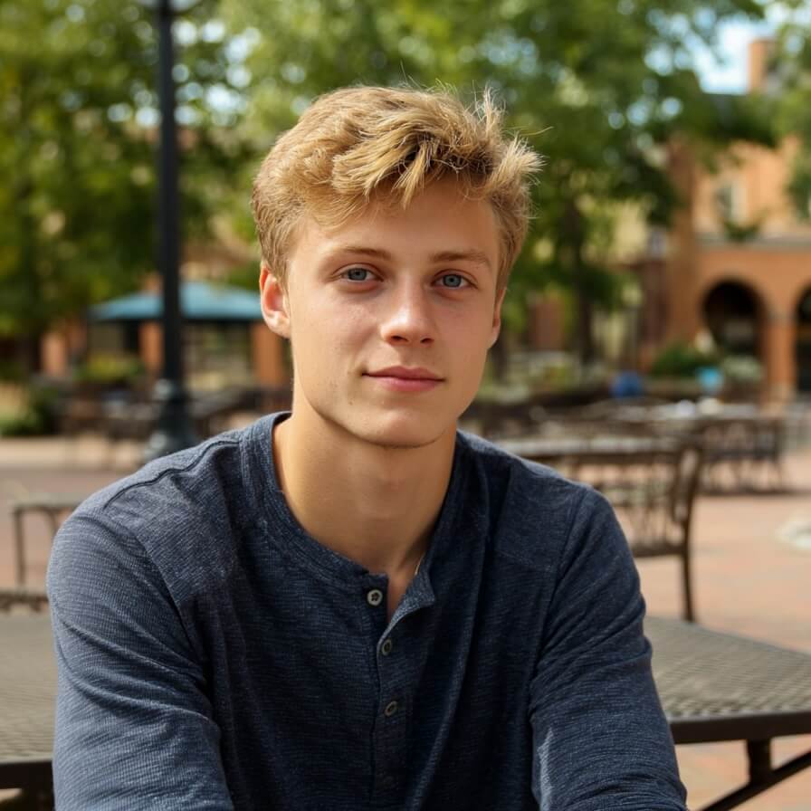 Young man with blond hair wearing a dark blue henley shirt sitting outdoors at a metal table with blurred green trees and buildings in the background.