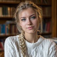 Young woman with blonde hair in a side braid wearing a white sweater, seated in front of a bookshelf.