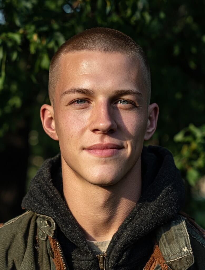 Young man with short hair wearing a dark hoodie and green jacket, standing outdoors with trees in the background.