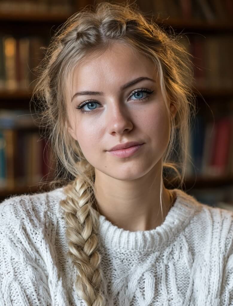 Young woman with long blonde braided hair wearing a white knitted sweater, sitting indoors with blurred bookshelves in the background.