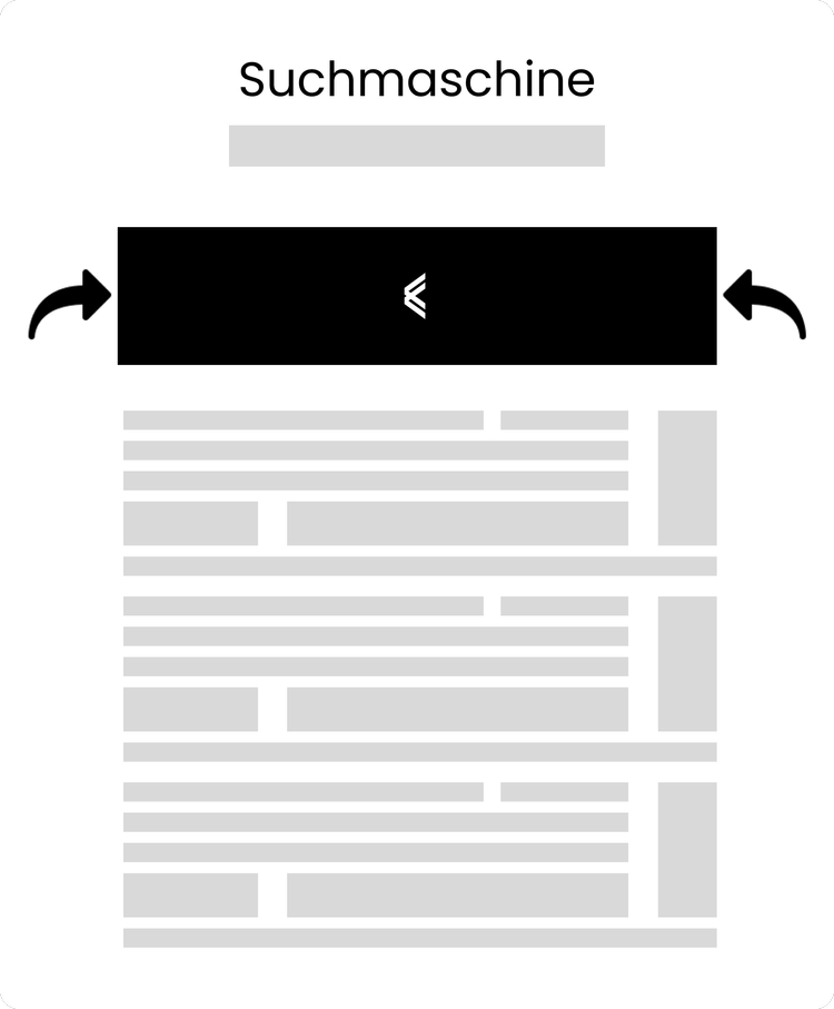 Grafik einer Suchmaschinenseite mit dem Wort Suchmaschine, einem Suchfeld mit Pfeilen links und rechts und mehreren grau markierten Textabschnitten.