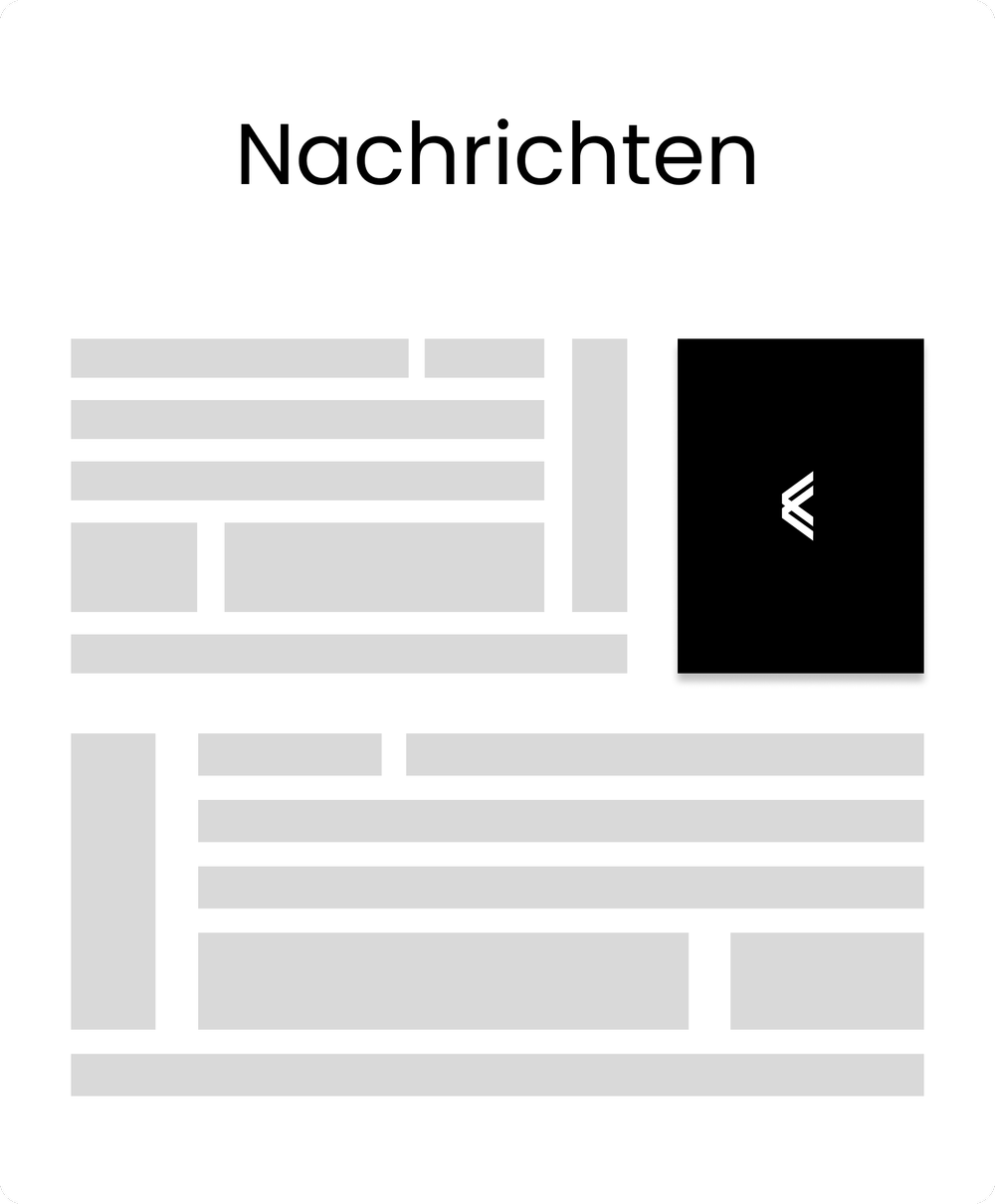 Nachrichtenseite mit Platzhaltern für Textelemente und einem schwarzen Banner mit weißem Logo.