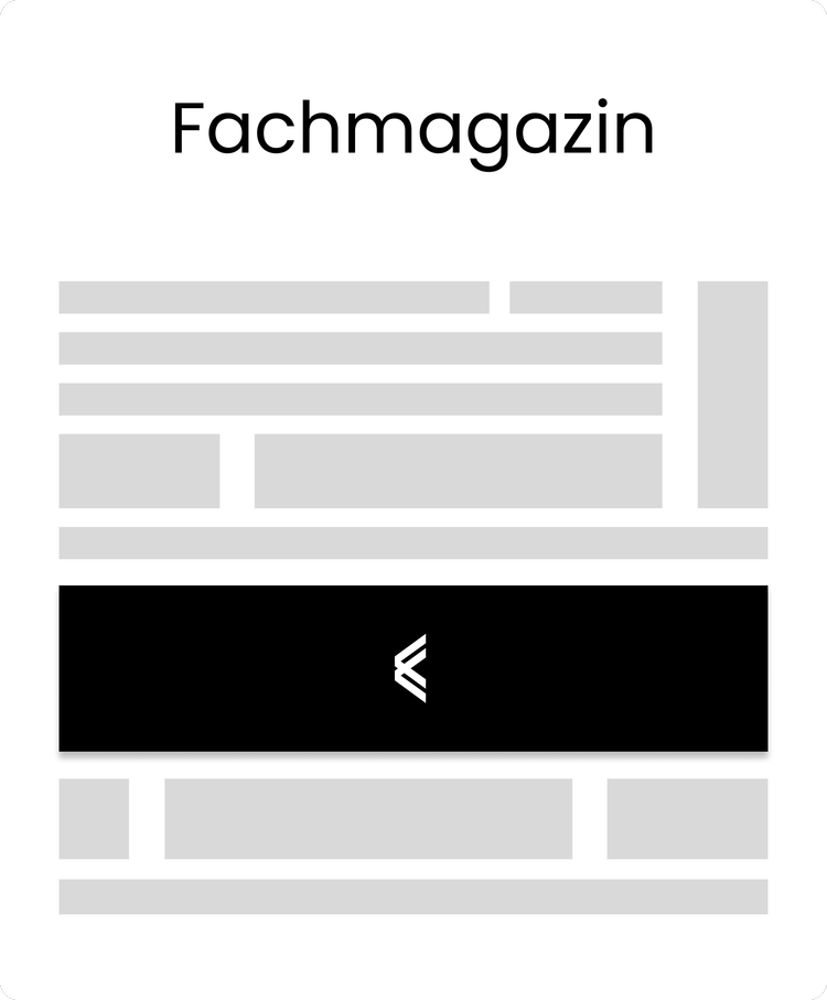 Minimalistisches Magazin-Layout mit dem Titel Fachmagazin und grauen Platzhaltern für Text und Bilder.