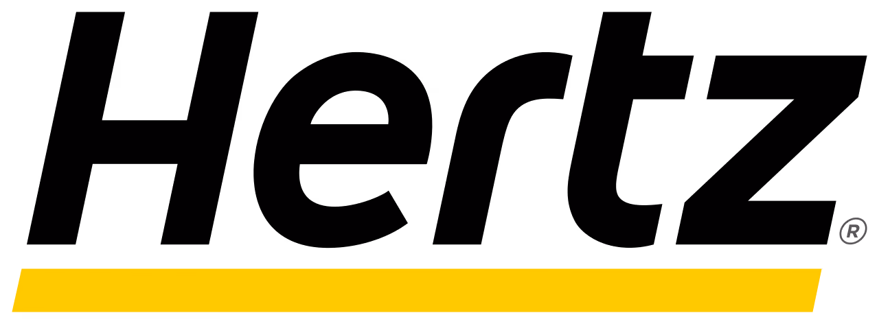 Hertz Car Rental logo featuring bold black text with a yellow underline.