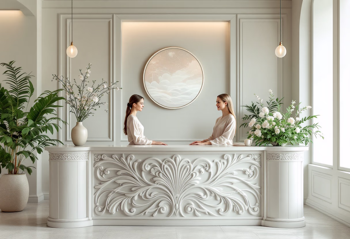 welcoming front desk area (for a wellness center)